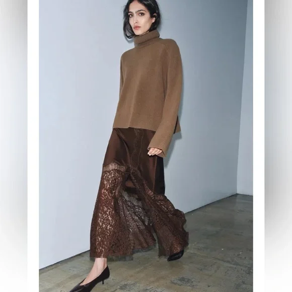 ZARA SATIN EFFECT LACE SKIRT ZW COLLECTION BROWN SMALL - Picture 1 of 11